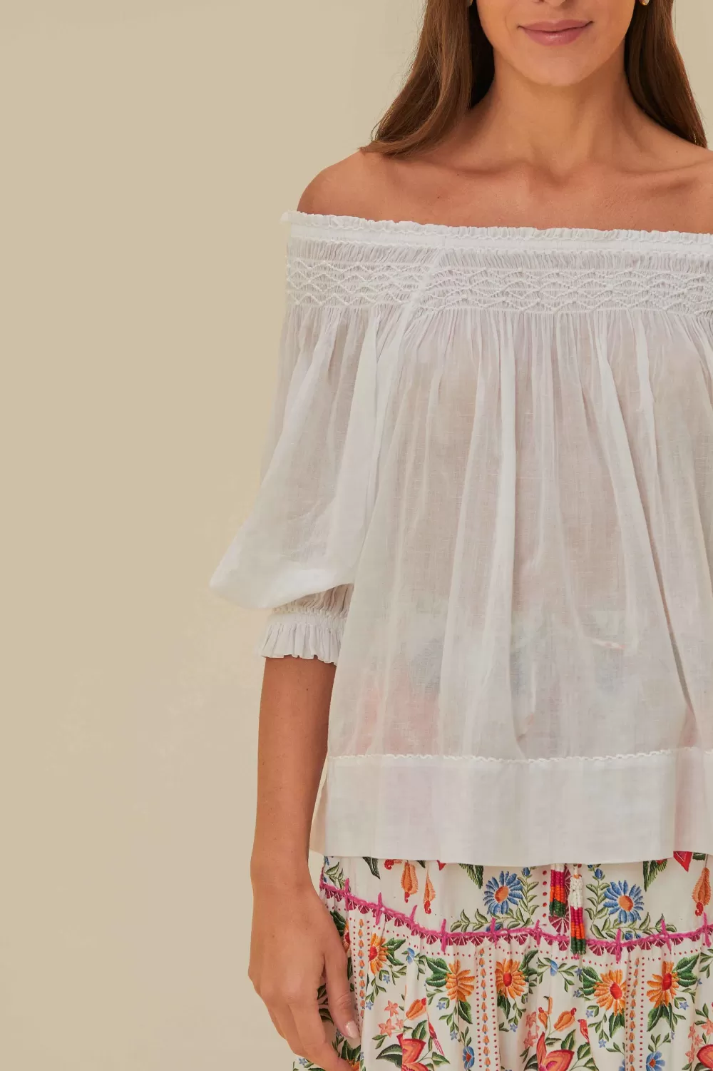 Off-White Blue Yard Short Sleeve Blouse | FARM Rio Hot