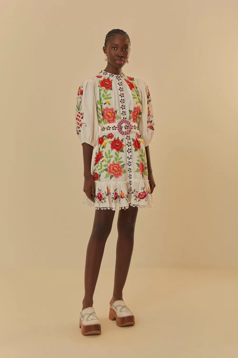 Off-White Embroidered Carmina Floral Short Sleeve Mini Dress | FARM Rio Online