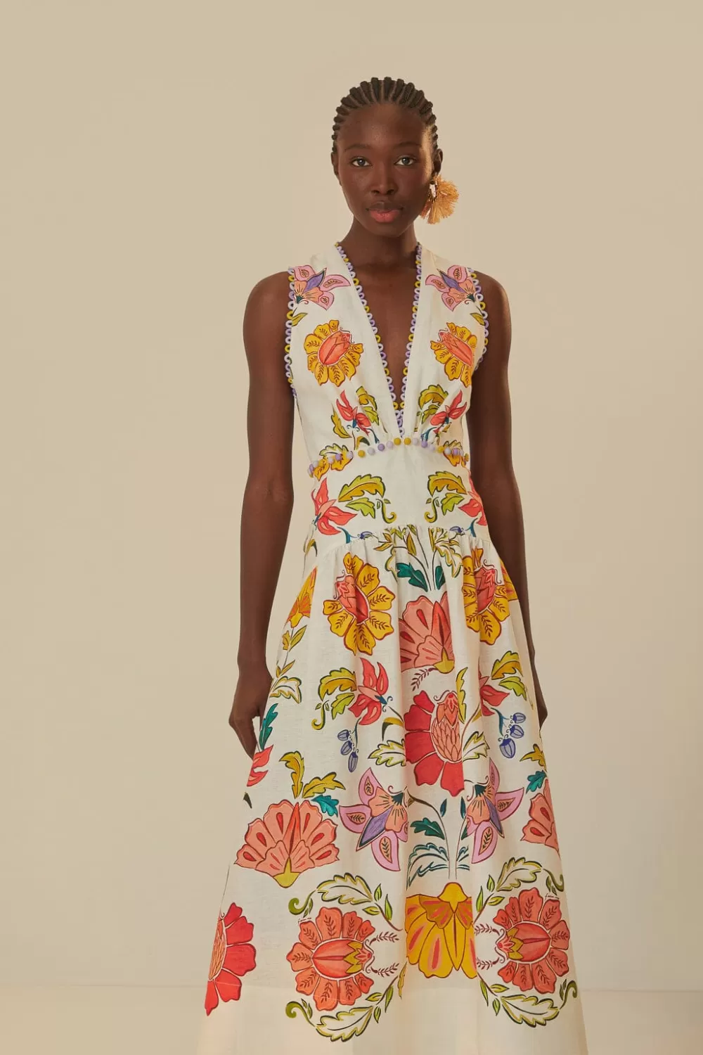 Off-White Floral Insects Euroflax™ Premium Linen Maxi Dress | FARM Rio Outlet