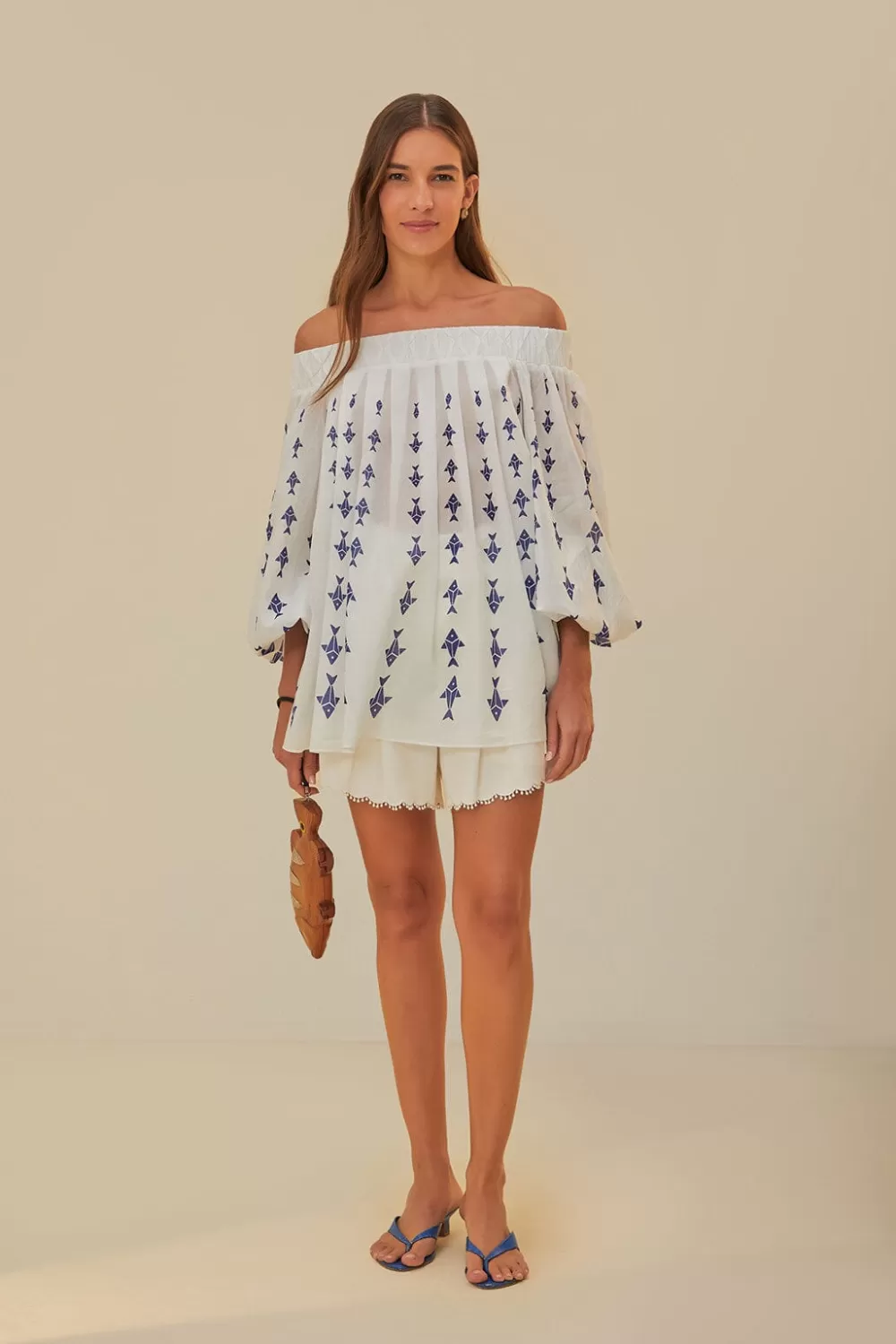Off-White Graphic Fishes Off-Shoulder Blouse | FARM Rio Best Sale