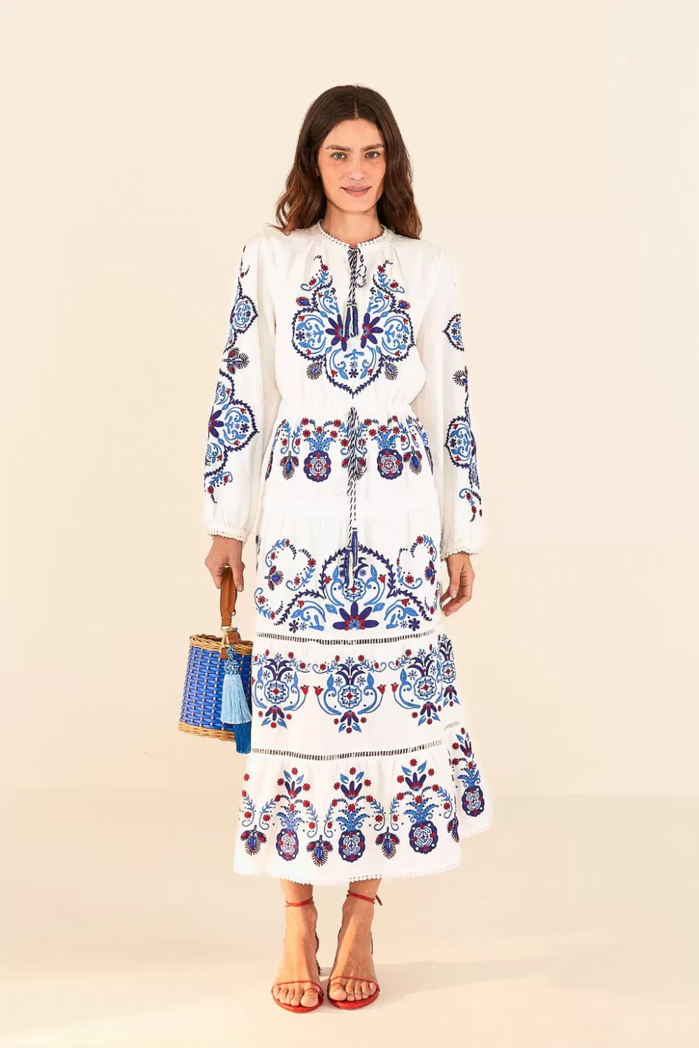 Off-White Navy Embroidered Midi Dress | FARM Rio Fashion