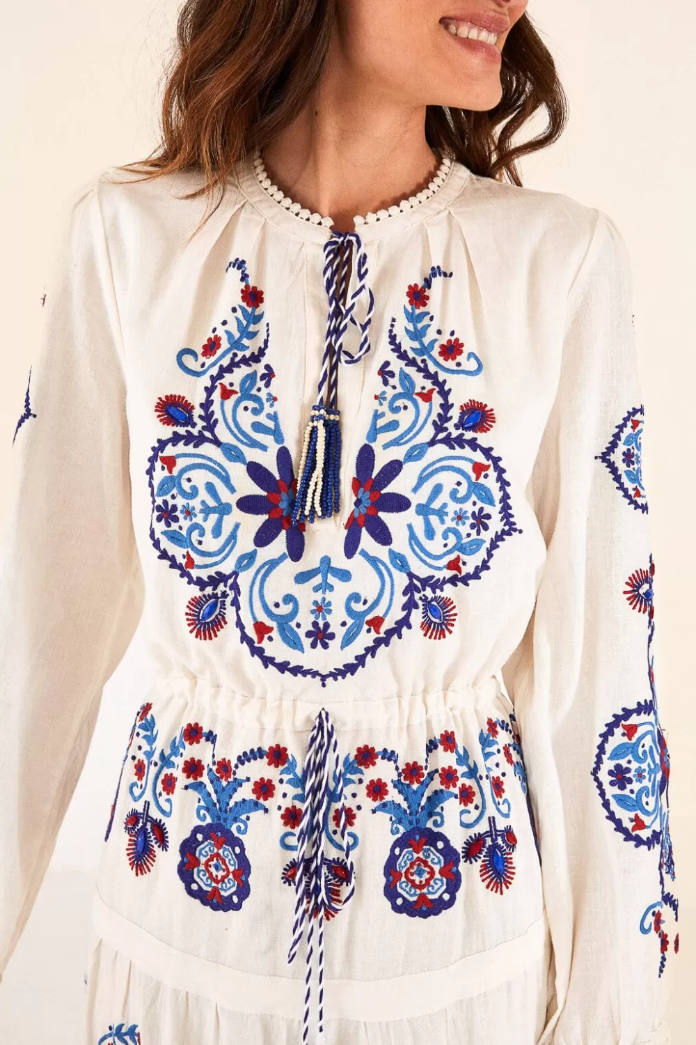 Off-White Navy Embroidered Midi Dress | FARM Rio Fashion