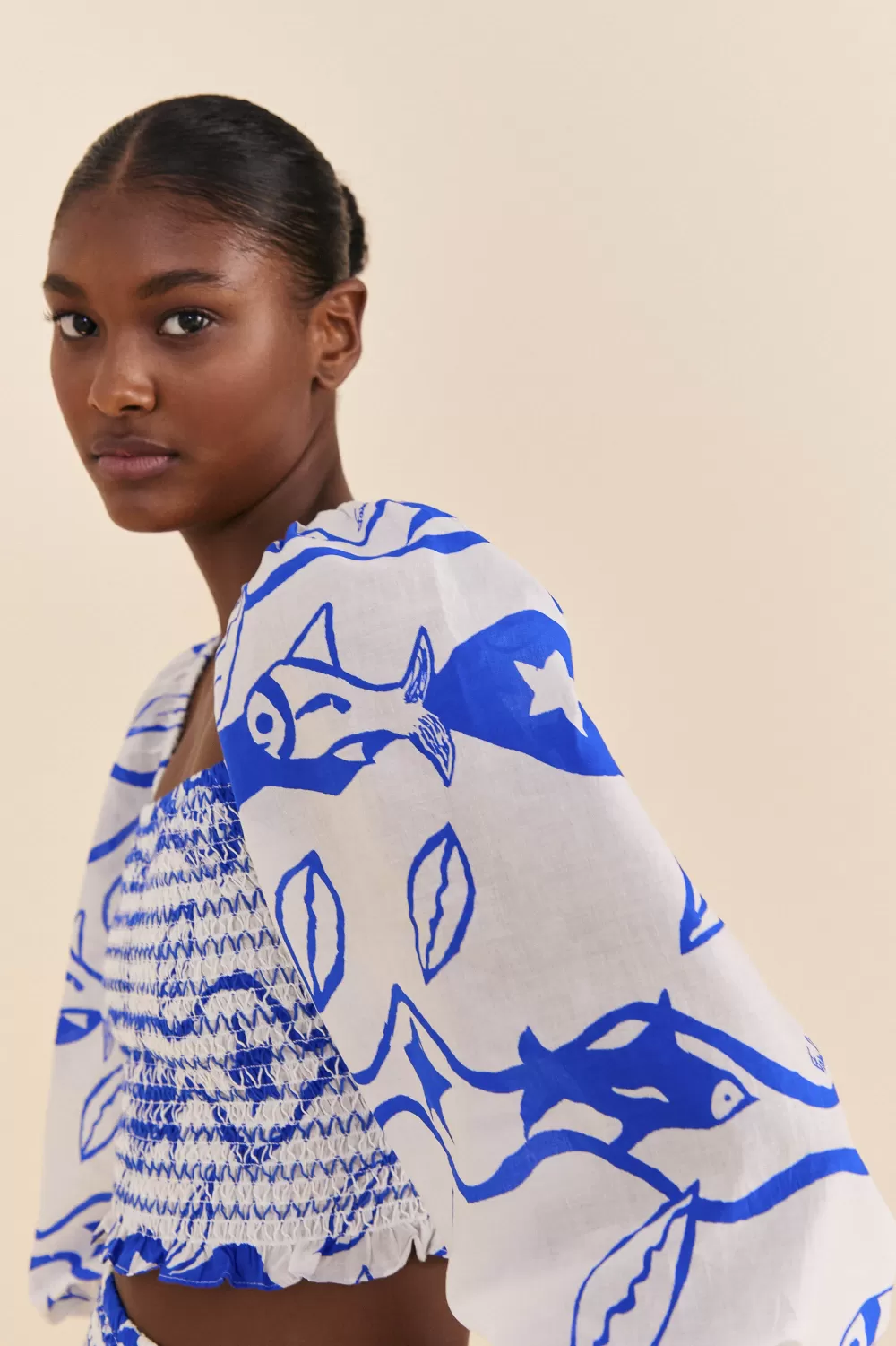 Off-White Pitta Waves Smocked Blouse | FARM Rio Cheap