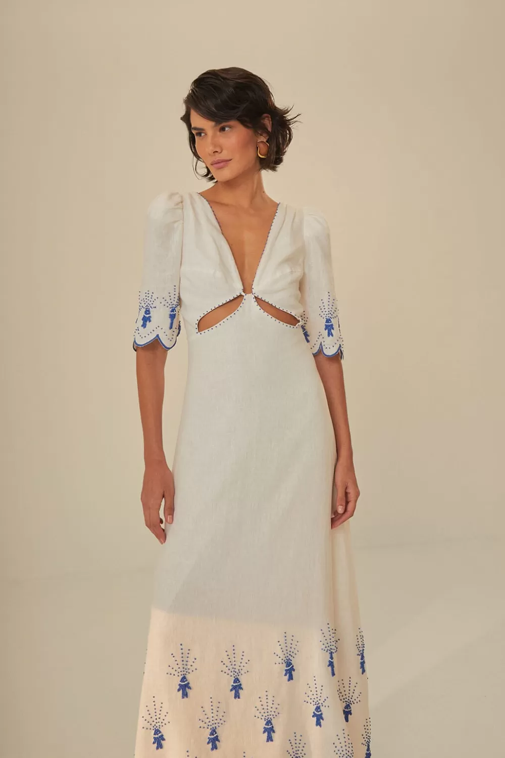 Off-White Sea Of Fish Embroidered Midi Dress | FARM Rio Flash Sale