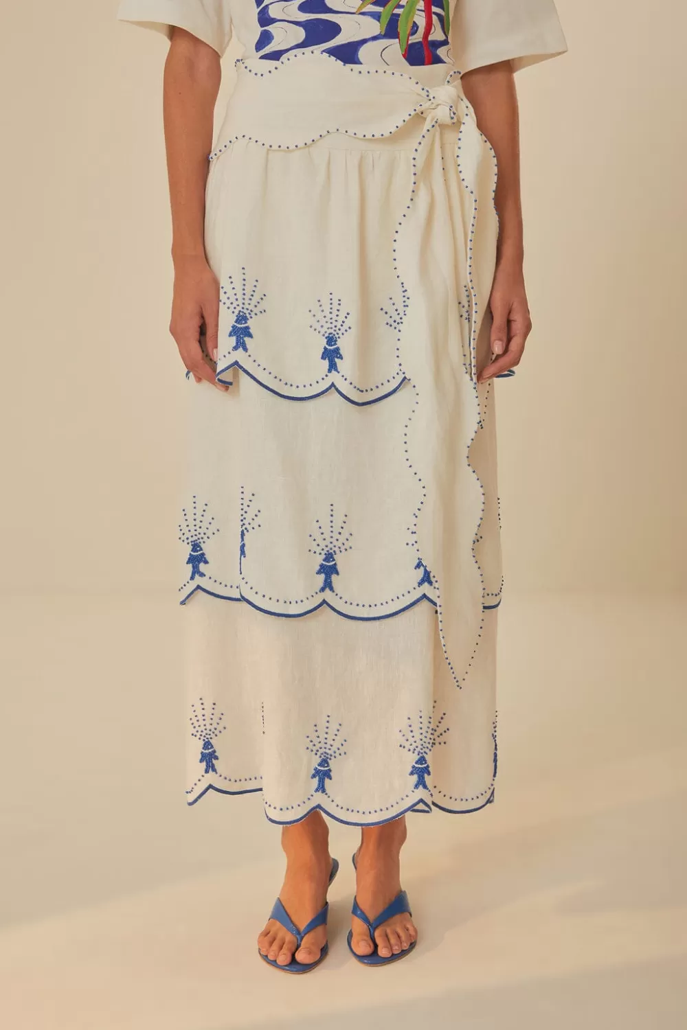 Off-White Sea Of Fish Embroidered Midi Skirt | FARM Rio Cheap