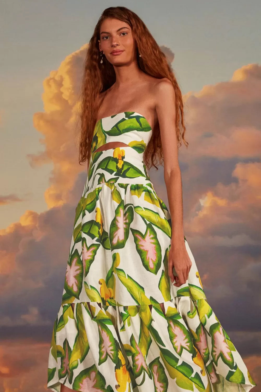 Off-White Summer Foliage Euroflax™ Premium Linen Midi Dress | FARM Rio Online