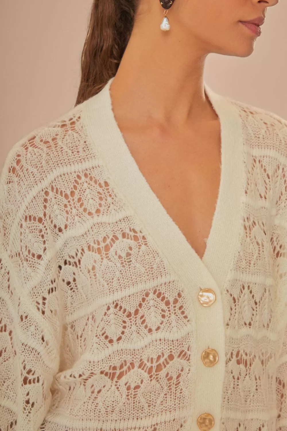 Off-White Textured Knit Cardigan | FARM Rio Online