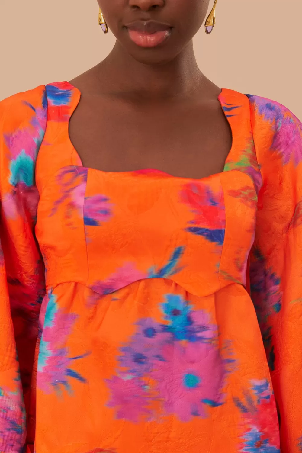 Orange Bouquet Ikat Brocade Mini Dress | FARM Rio Store