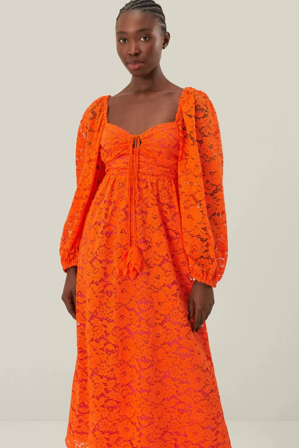 Orange Lace Long Sleeve Midi Dress | FARM Rio Cheap