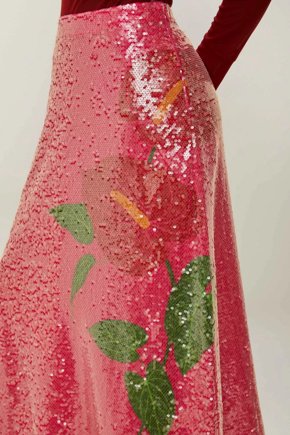 Pink Anthurium Flowers Sequins Midi Skirt | FARM Rio Clearance