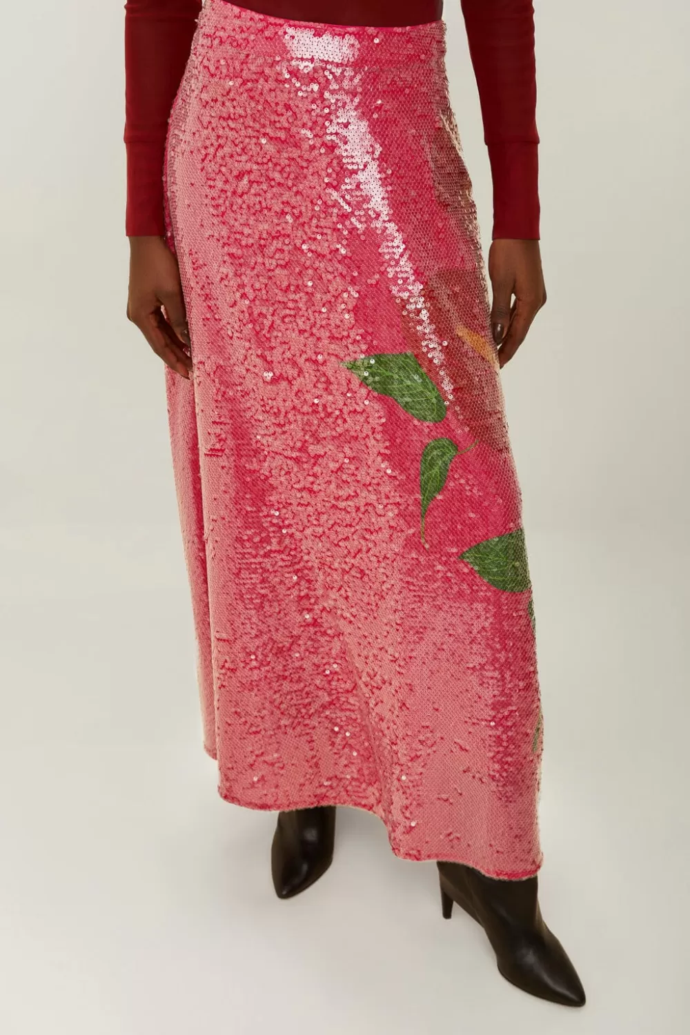 Pink Anthurium Flowers Sequins Midi Skirt | FARM Rio Clearance