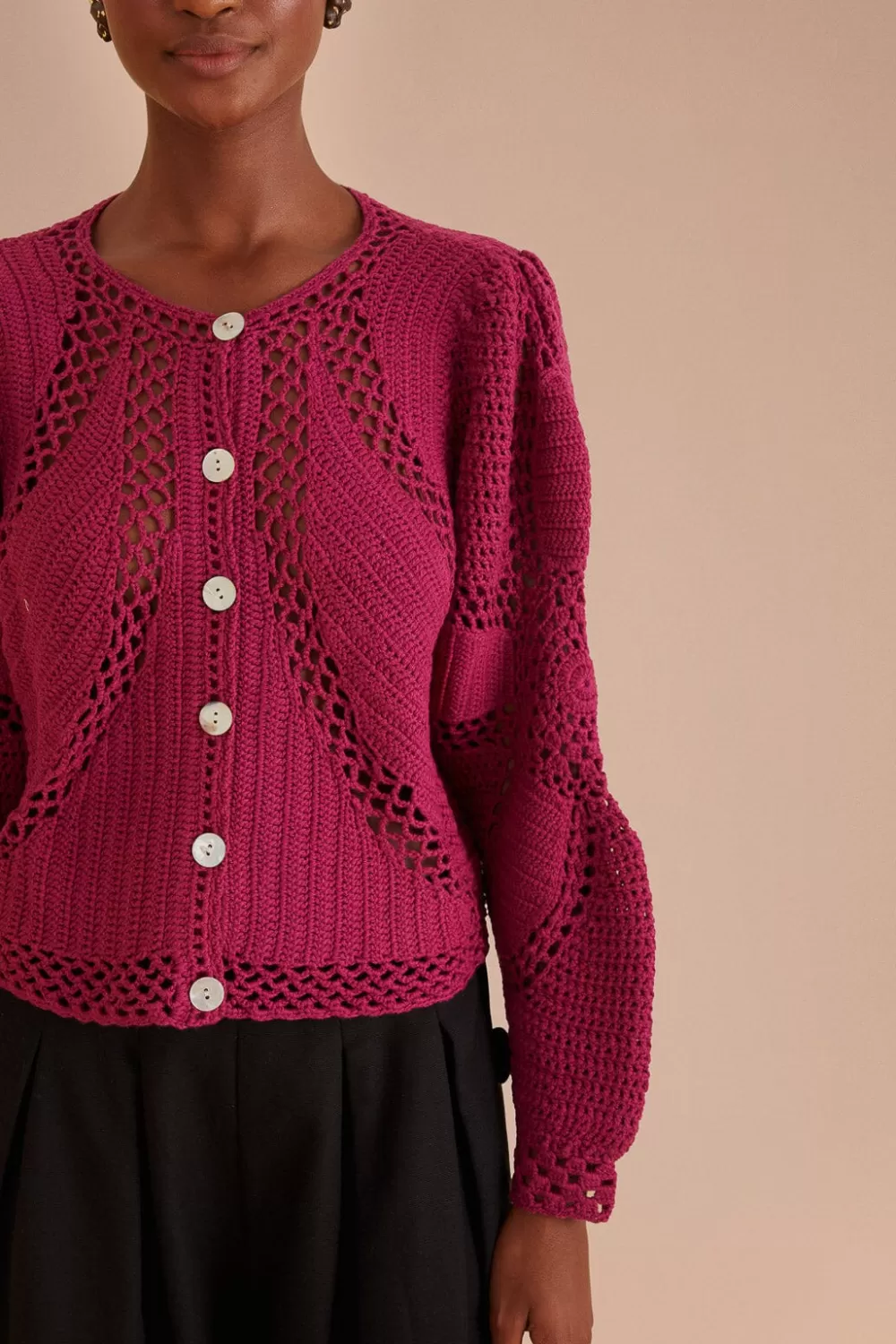 Pink Flower Draw Crochet Cardigan | FARM Rio Best