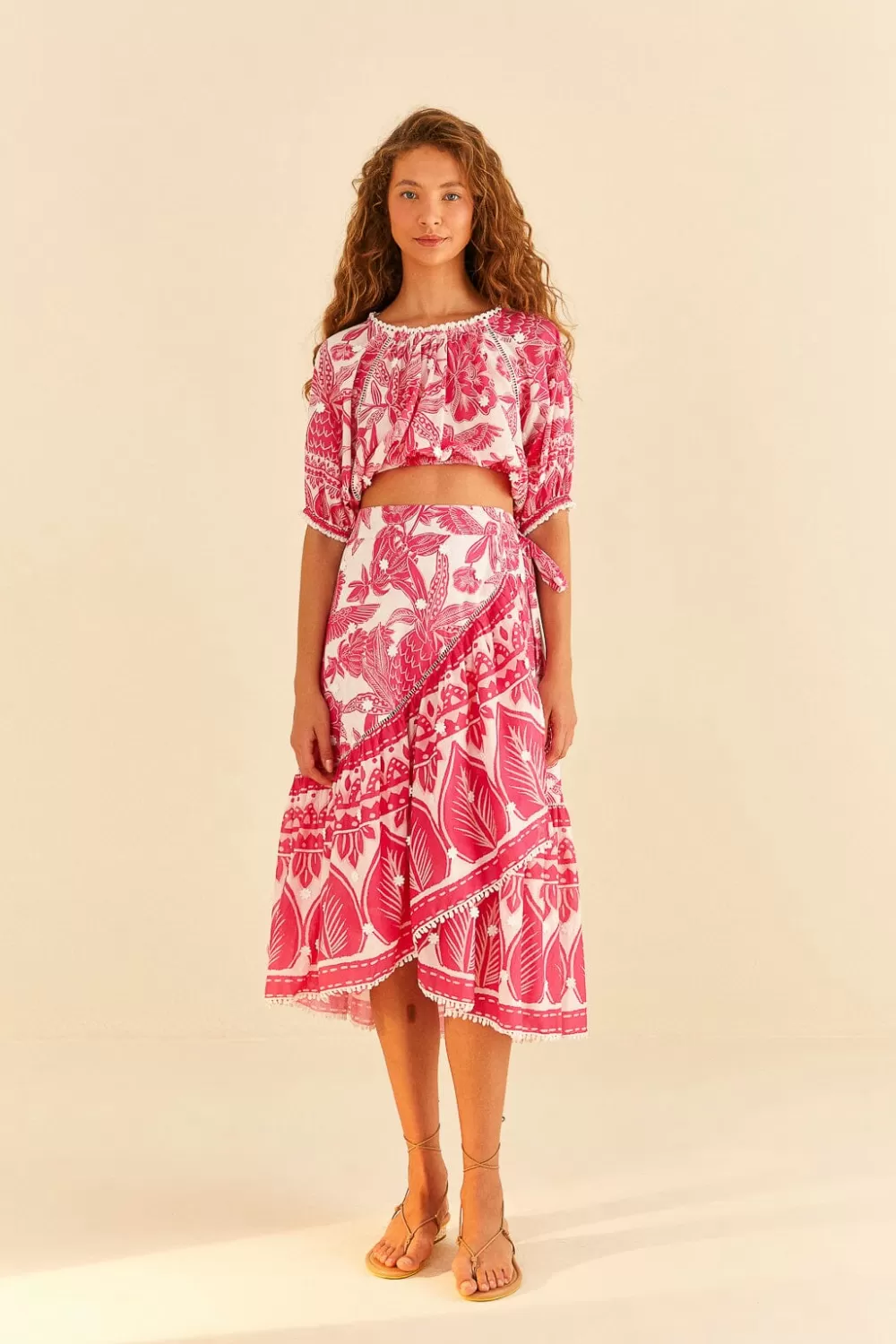 Pink Tropical Woodcut Midi Skirt | FARM Rio Outlet