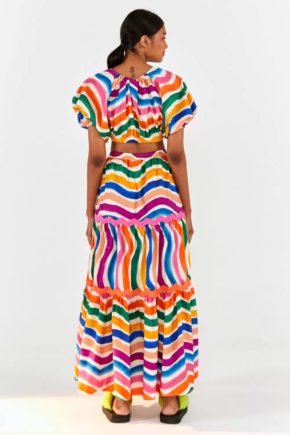 Puff Sleeve Crop Top | Dancing Stripes Print | FARM Rio New