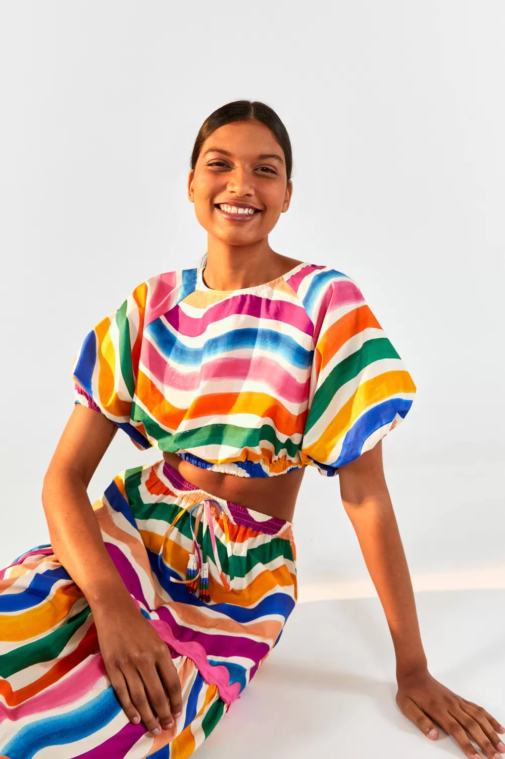 Puff Sleeve Crop Top | Dancing Stripes Print | FARM Rio New
