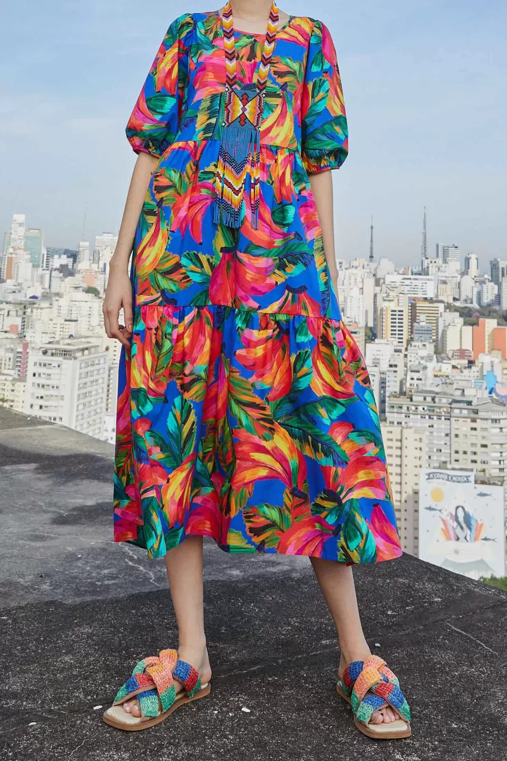 Puff Sleeve MIDI DRESS | Blue Bananamix Print | FARM Rio Shop