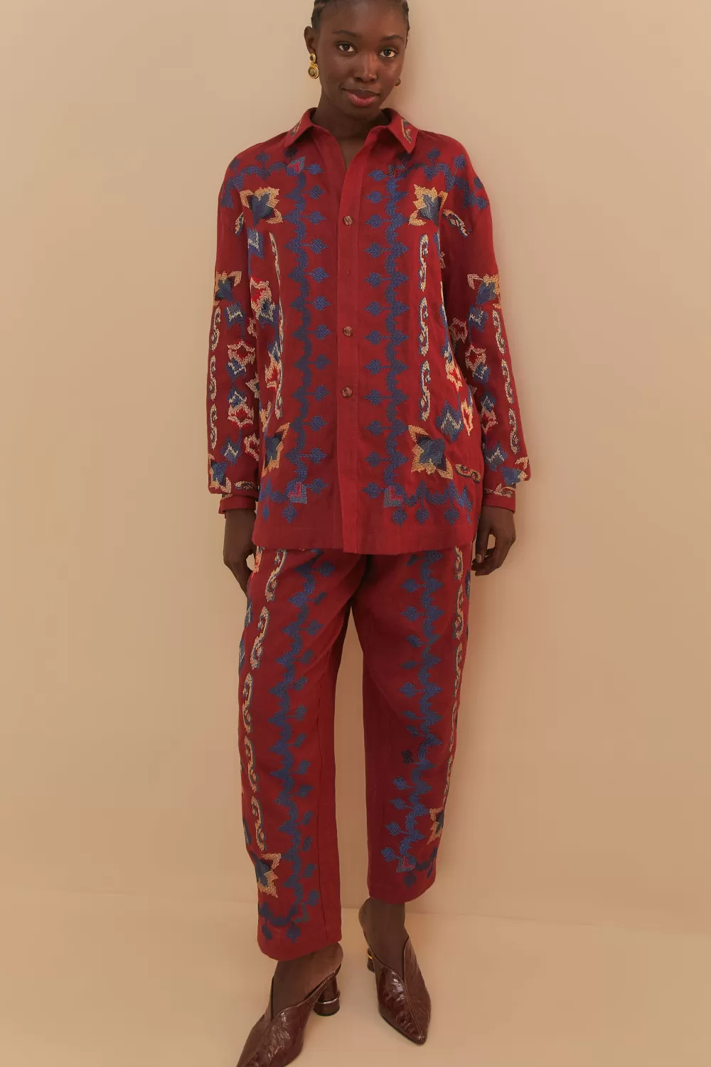 Red Floral Embroidery Jacquard Pants | FARM Rio Sale