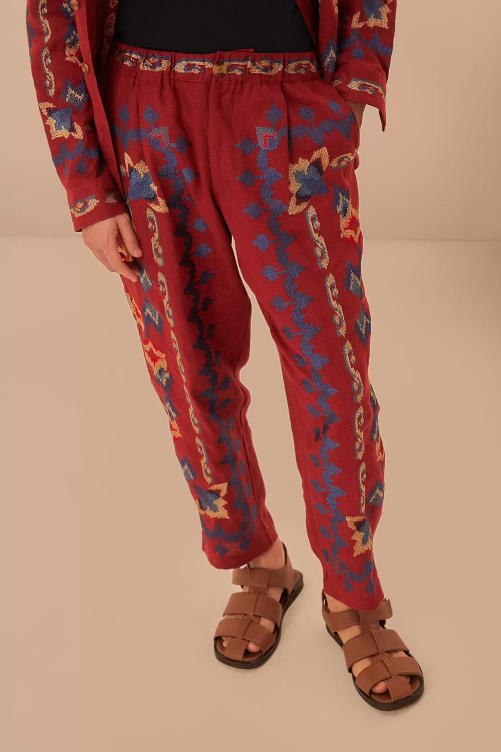 Red Floral Embroidery Jacquard Pants | FARM Rio Sale