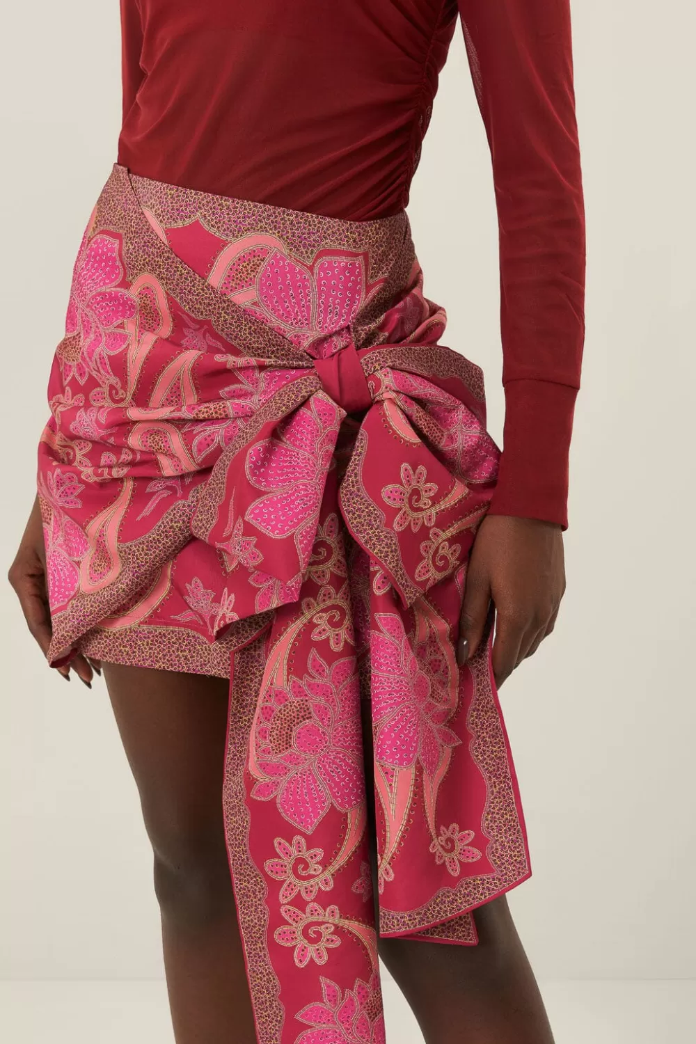 Red Floral Glam Scarf Tie Gathering Mini Skirt | FARM Rio Sale