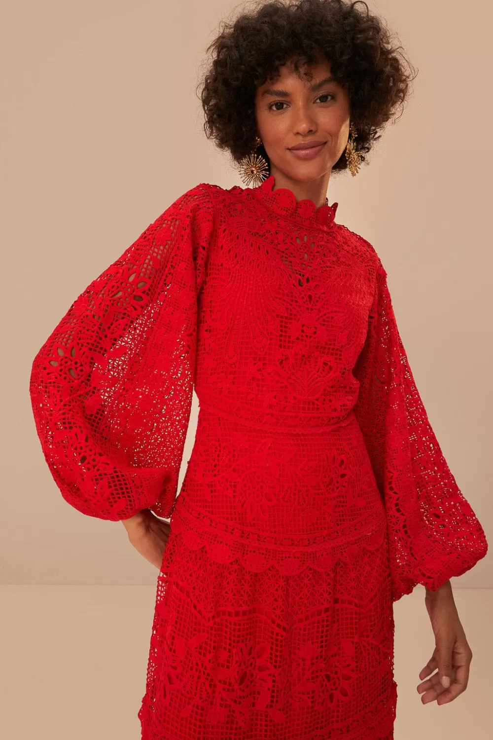 Red Guipire Long Sleeve Maxi Dress | FARM Rio Online