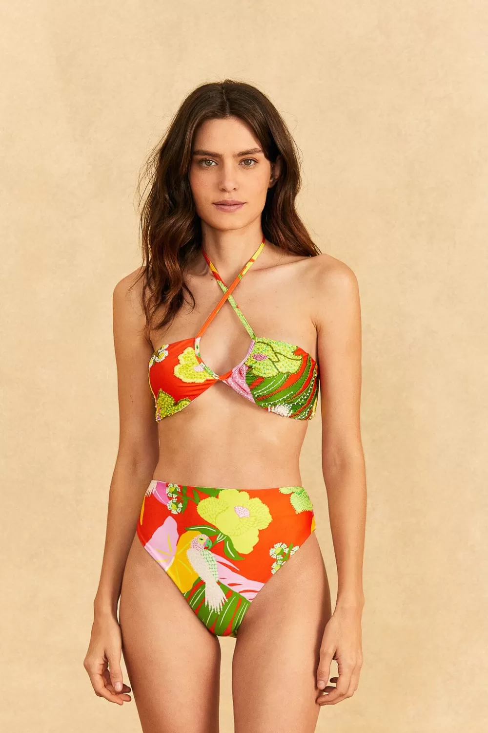 Red Neon Floral Halter Neck Bikini Top | FARM Rio Clearance