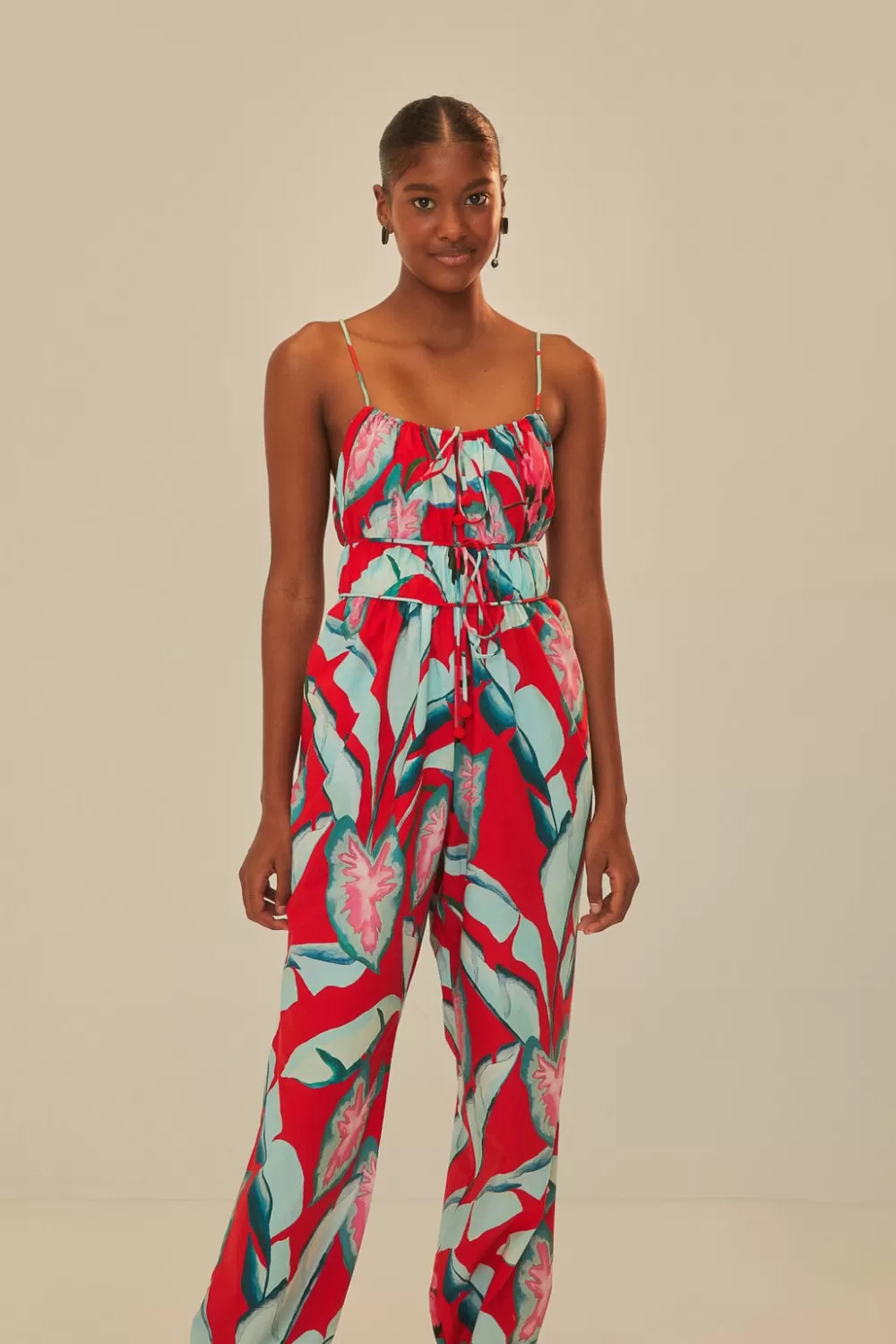 Red Summer Foliage Organic Cotton Jumpsuit | FARM Rio Fashion