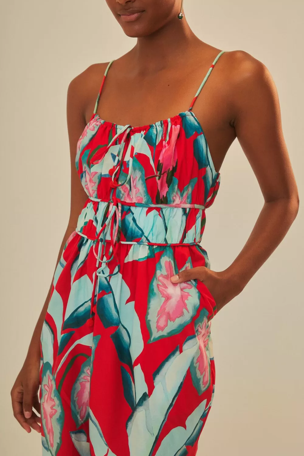 Red Summer Foliage Organic Cotton Jumpsuit | FARM Rio Fashion