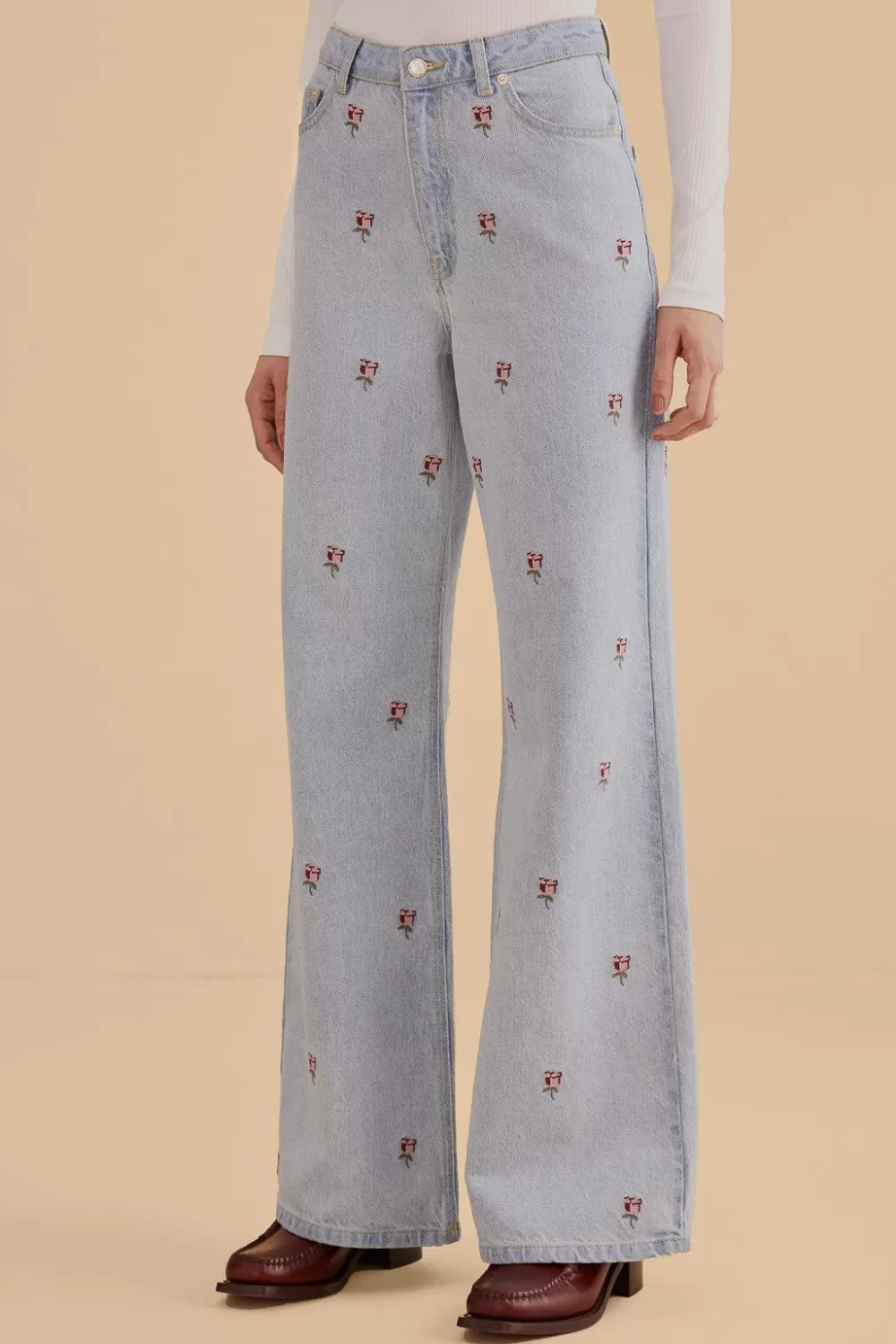 Rose Embroidered Denim Pants | FARM Rio Online