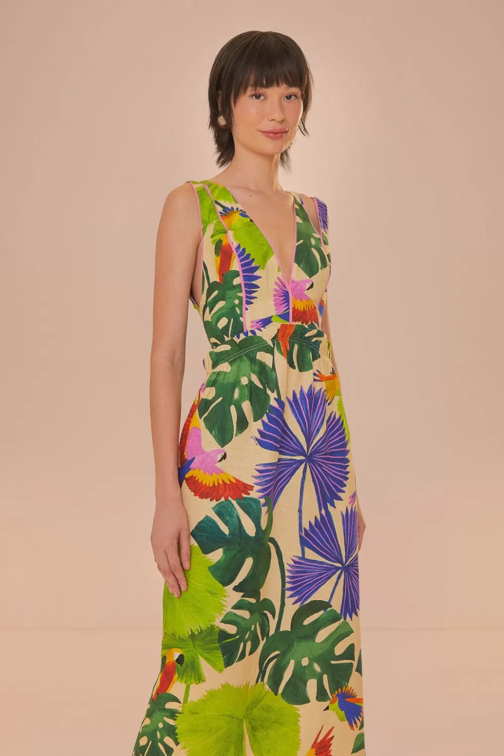Sand Macaw Jungle V Neck Midi Dress | FARM Rio Flash Sale