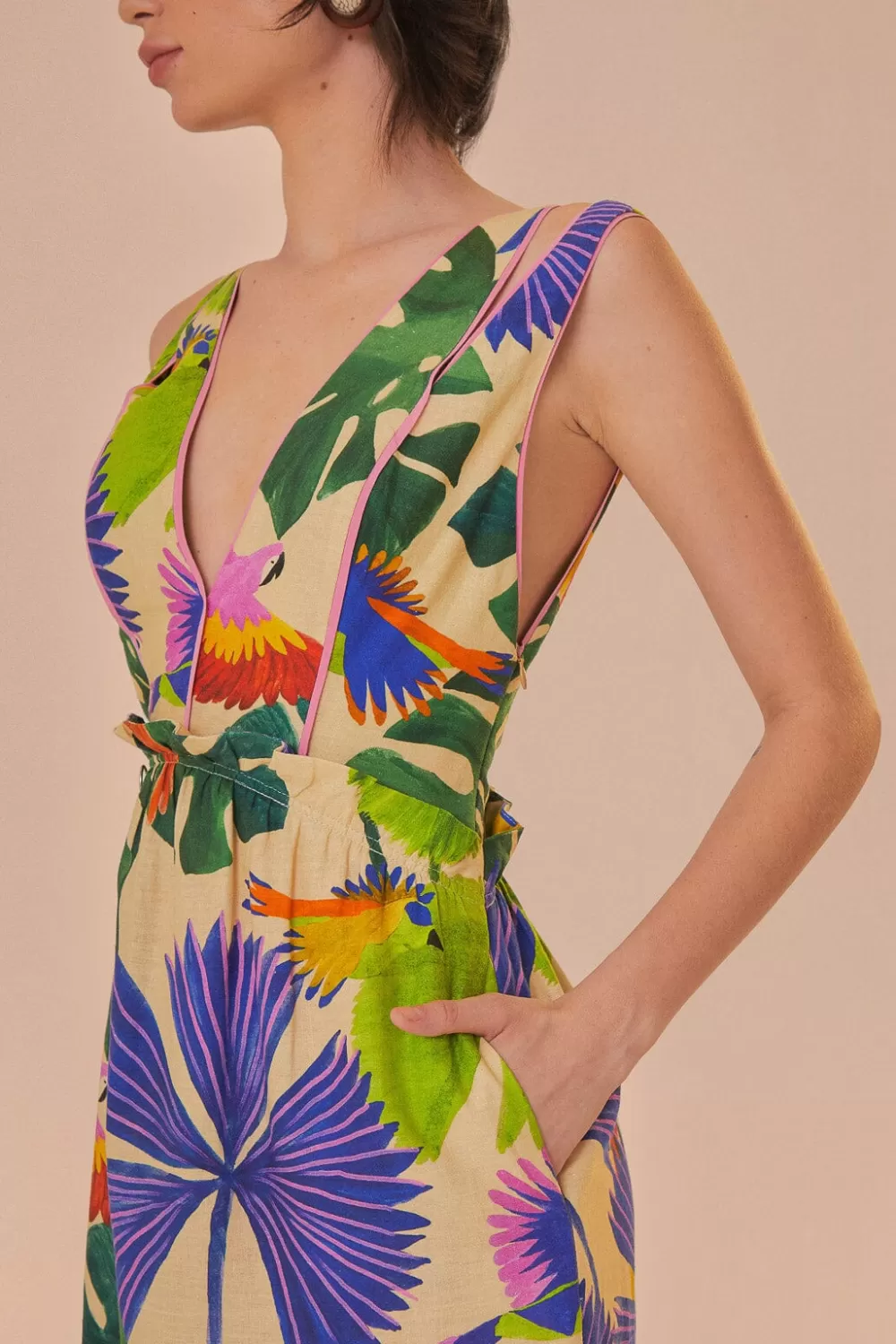Sand Macaw Jungle V Neck Midi Dress | FARM Rio Flash Sale