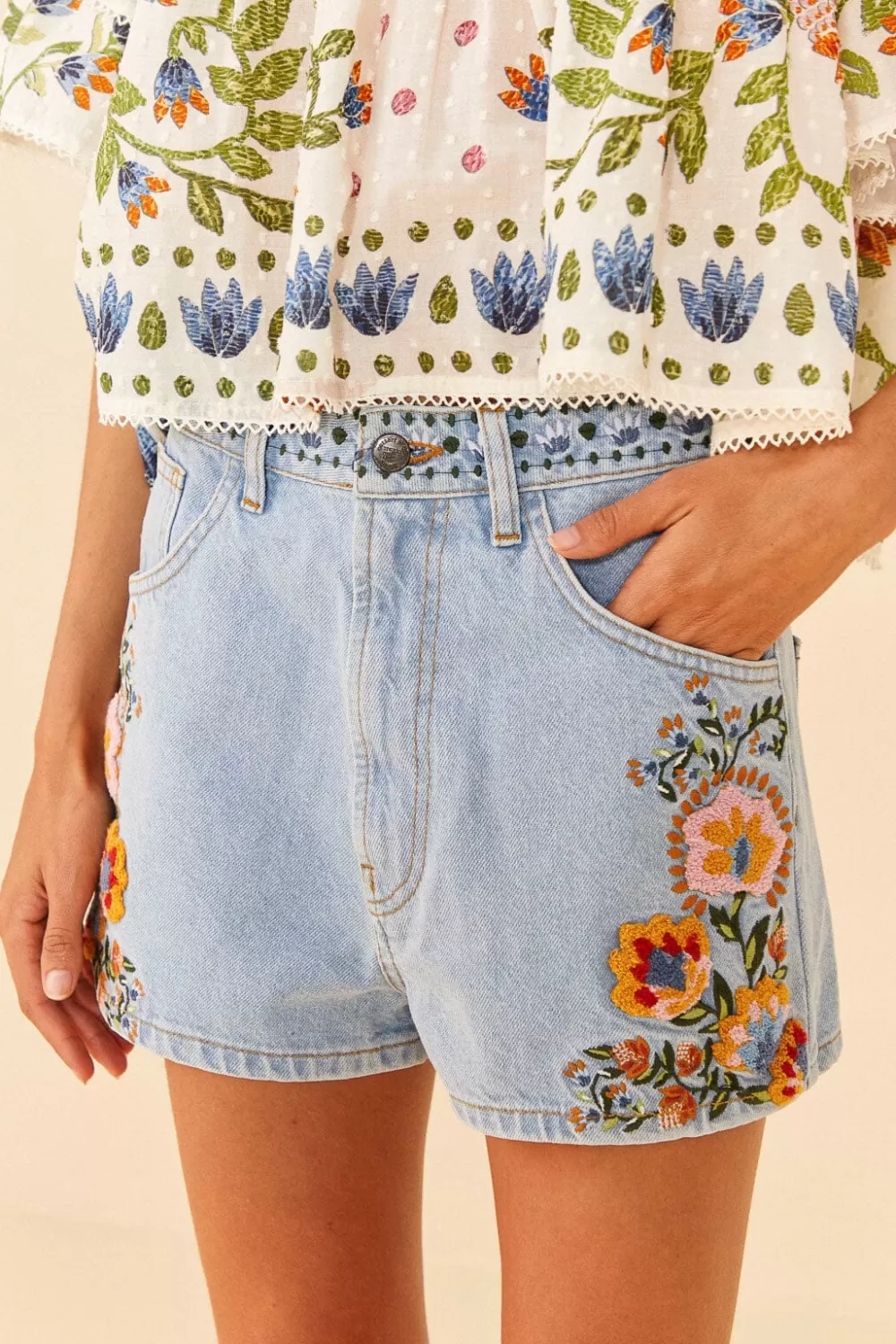 Summer Garden Embroidered Denim Shorts | FARM Rio Clearance