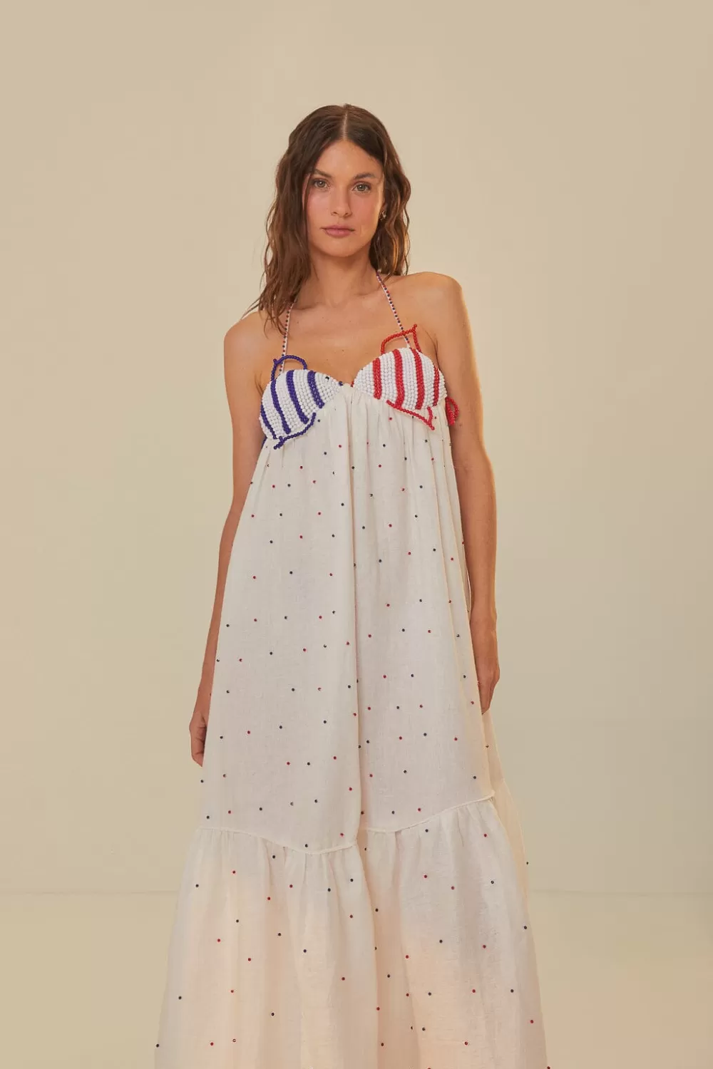 White Beaded Fishes Sleeveless Maxi Dress | FARM Rio Fashion