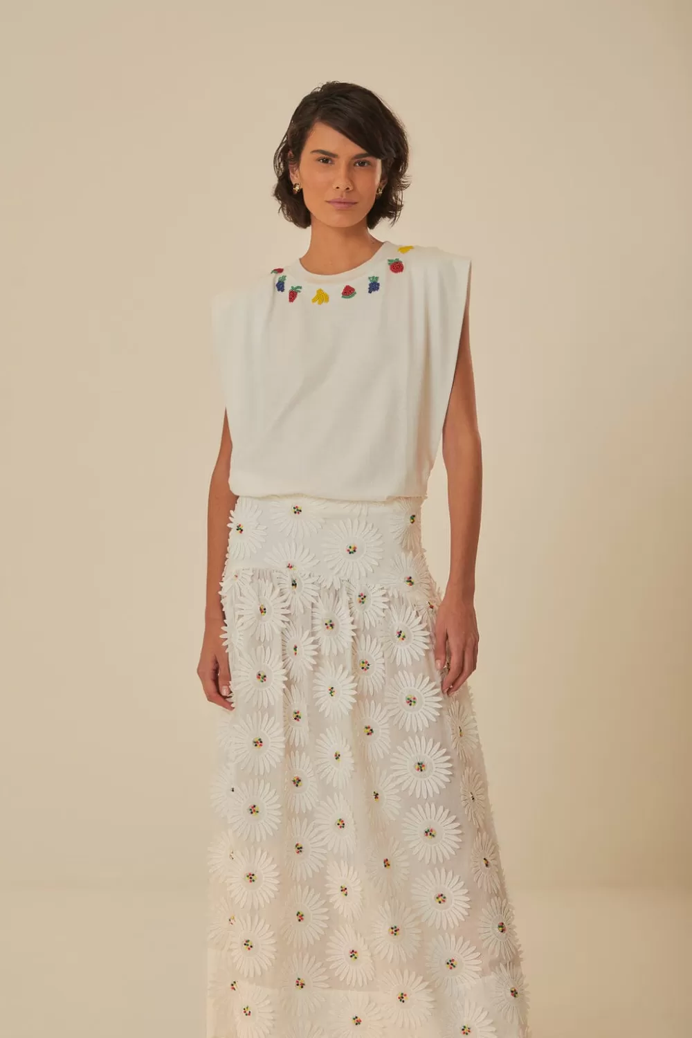 White Daisy 3D Flower Embroidered Maxi Skirt | FARM Rio Best