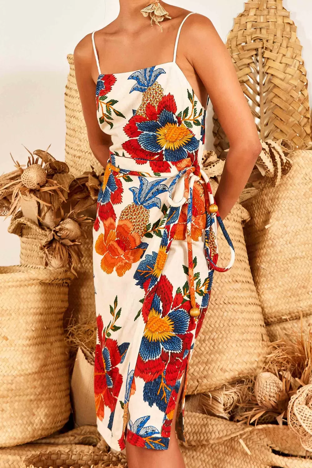 White Pineapple Flowers Midi Dress | FARM Rio Sale