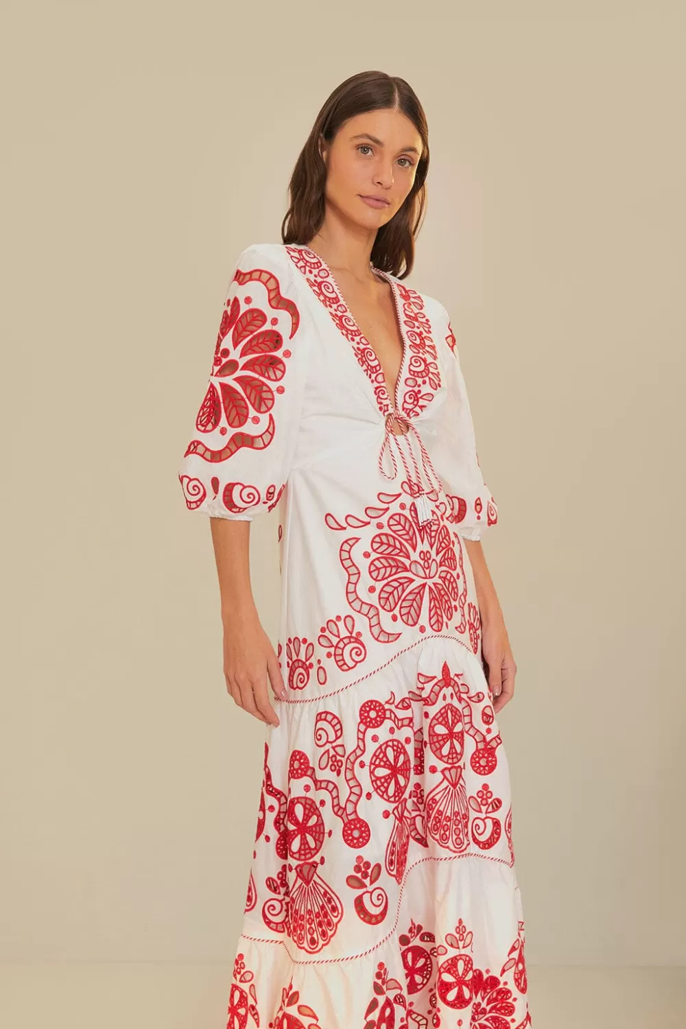 White Richelieu V Neck Maxi Dress | FARM Rio Discount