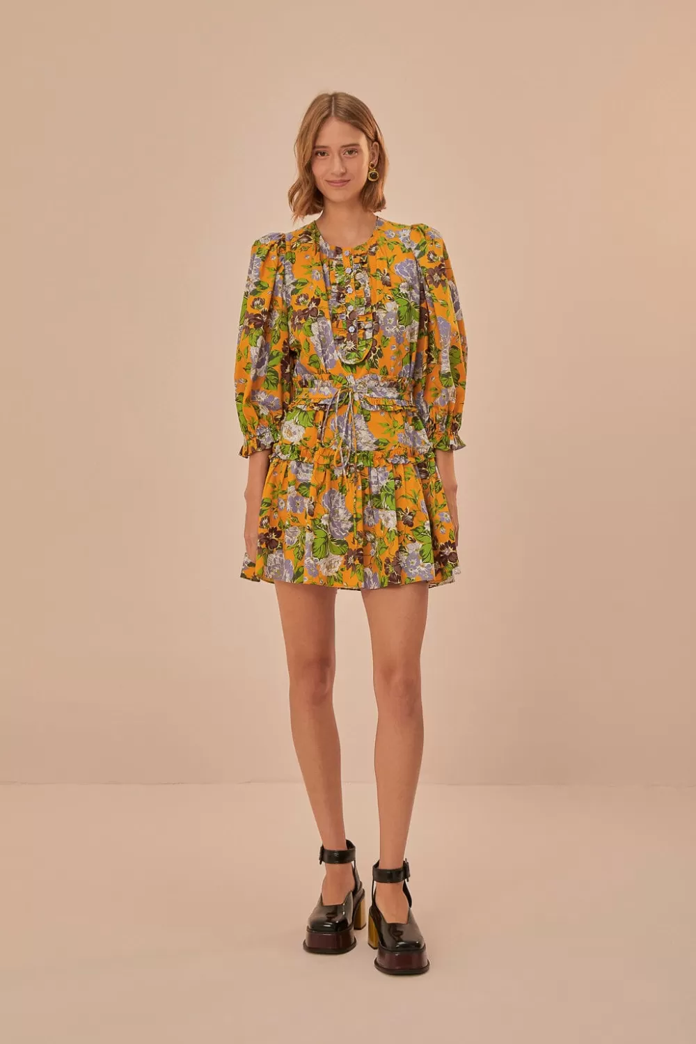 Yellow Capri Floral Short Sleeve Mini Dress | FARM Rio Outlet