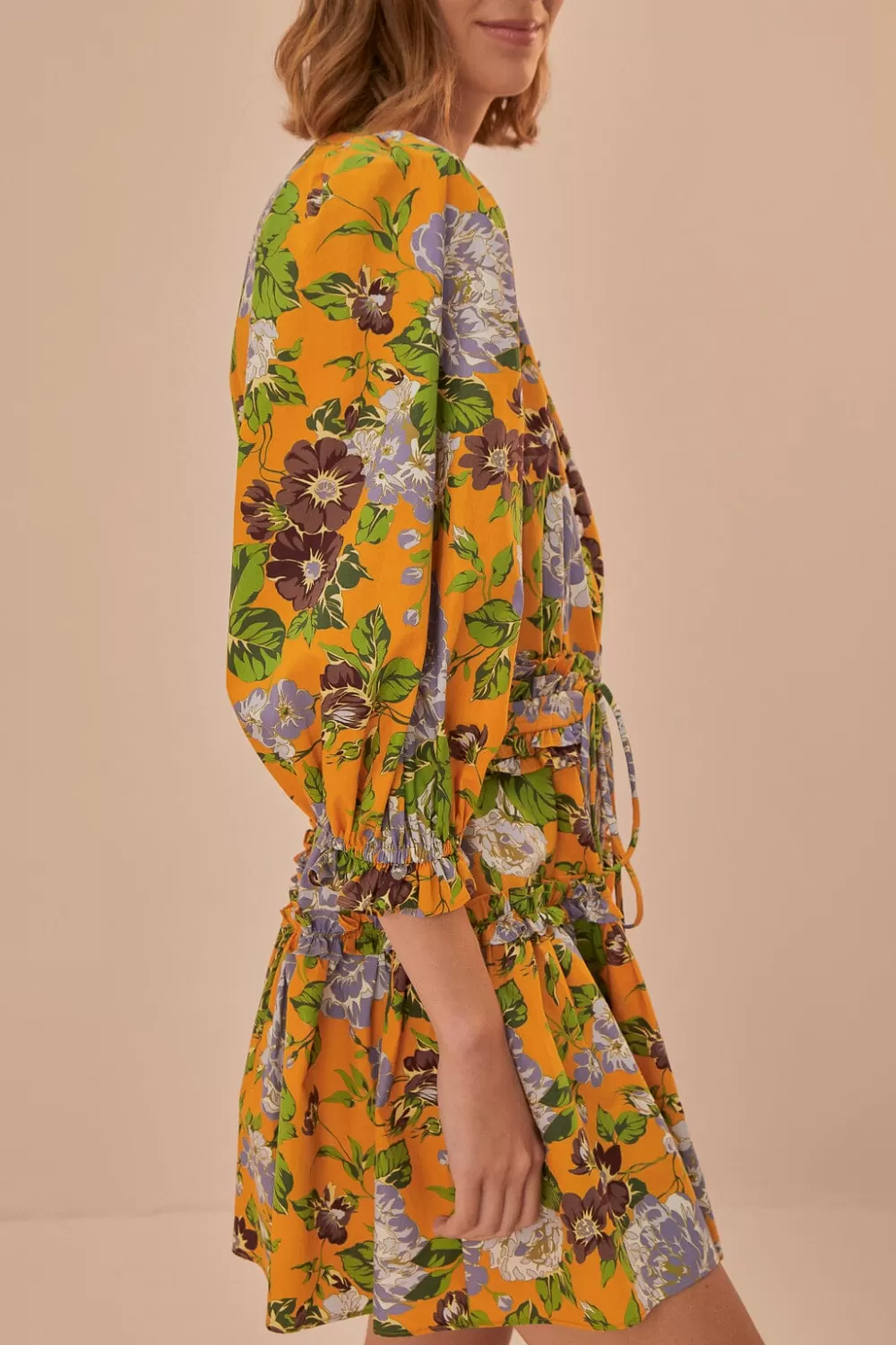 Yellow Capri Floral Short Sleeve Mini Dress | FARM Rio Outlet