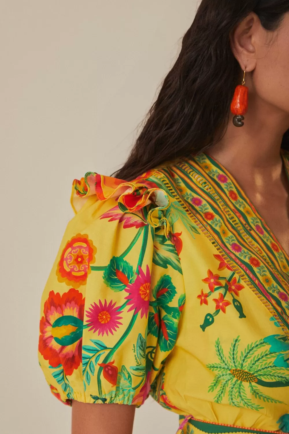Yellow Delicate Fruit Garden Organic Cotton Mini Dress | FARM Rio Discount