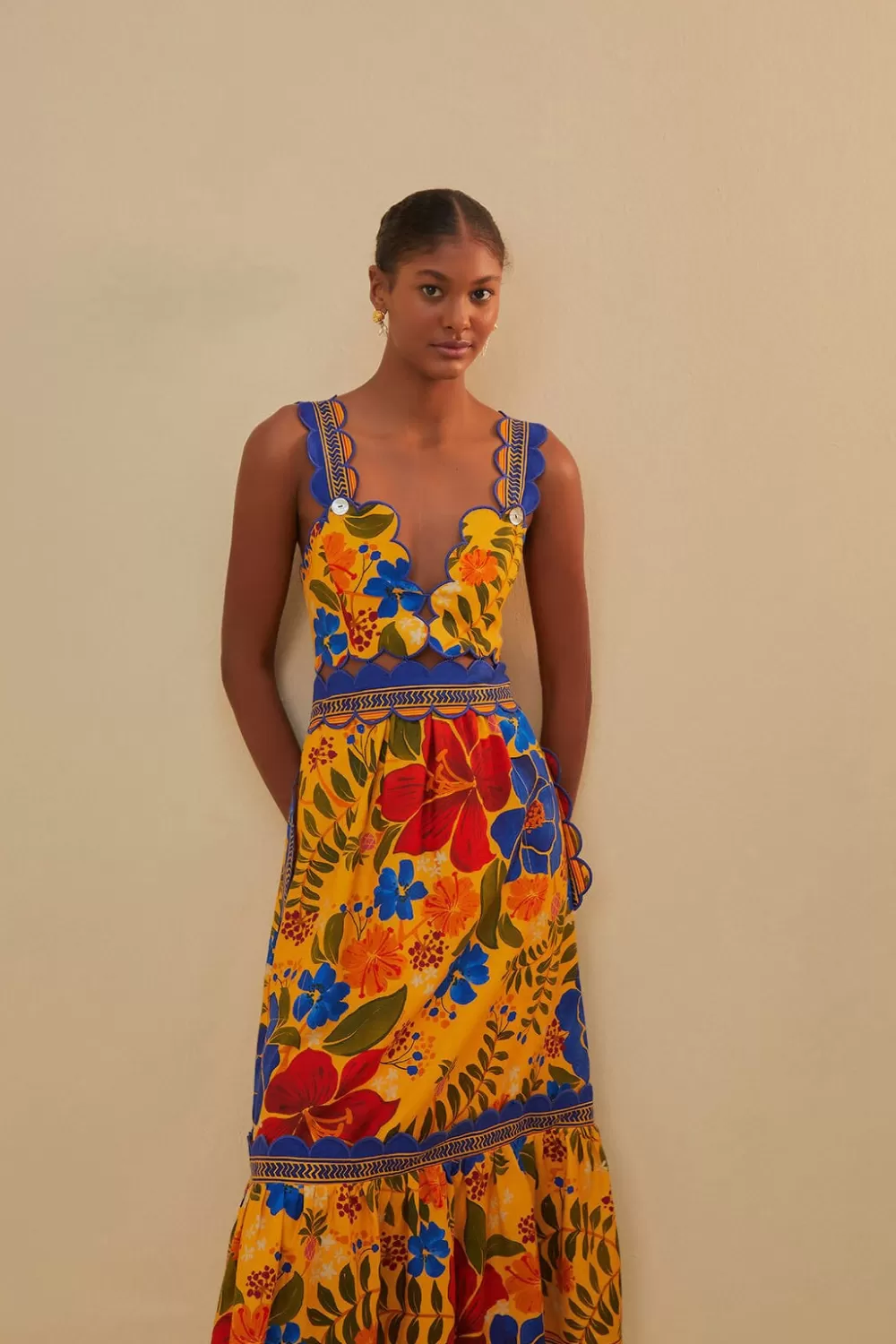 Yellow Floral Yard Lenzing™ Ecovero™ Euroflax™ Midi Dress | FARM Rio Discount