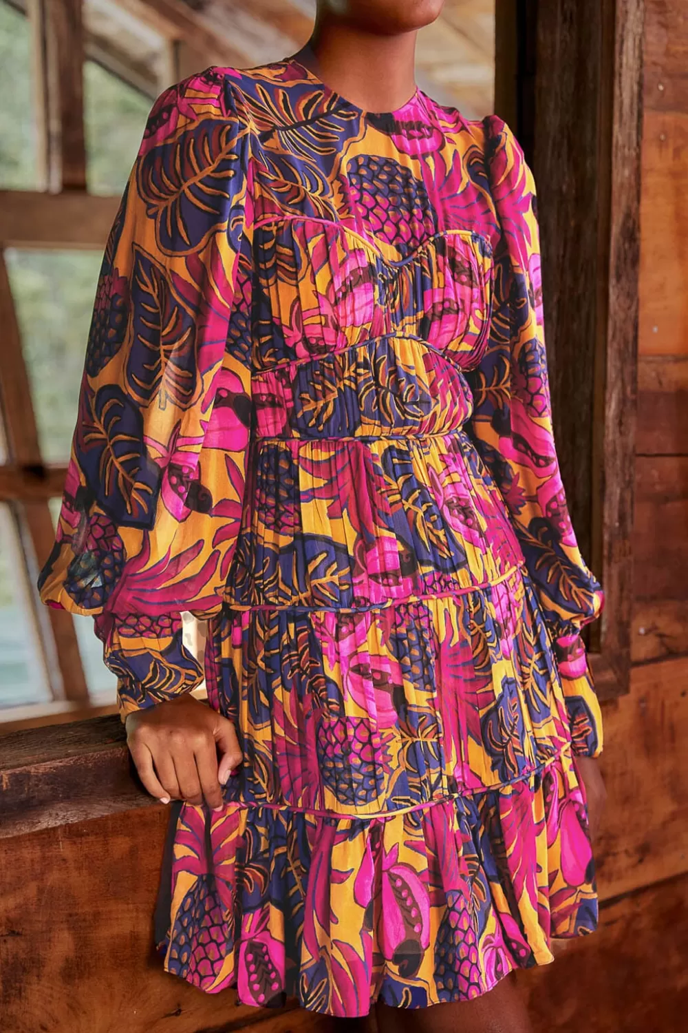 Yellow Fruit Dream Long Sleeve Mini Dress | FARM Rio Sale