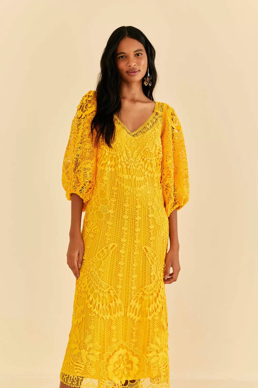 Yellow Guipure Midi Dress | FARM Rio Cheap