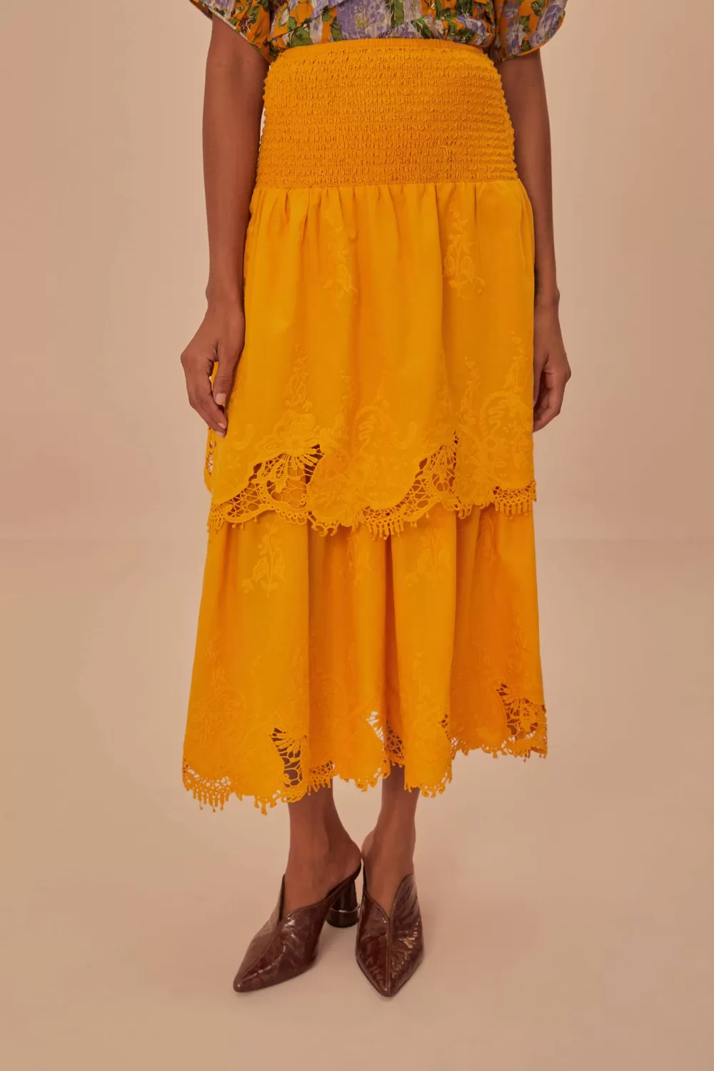 Yellow Mustard Tiered Lace Midi Skirt | FARM Rio Clearance