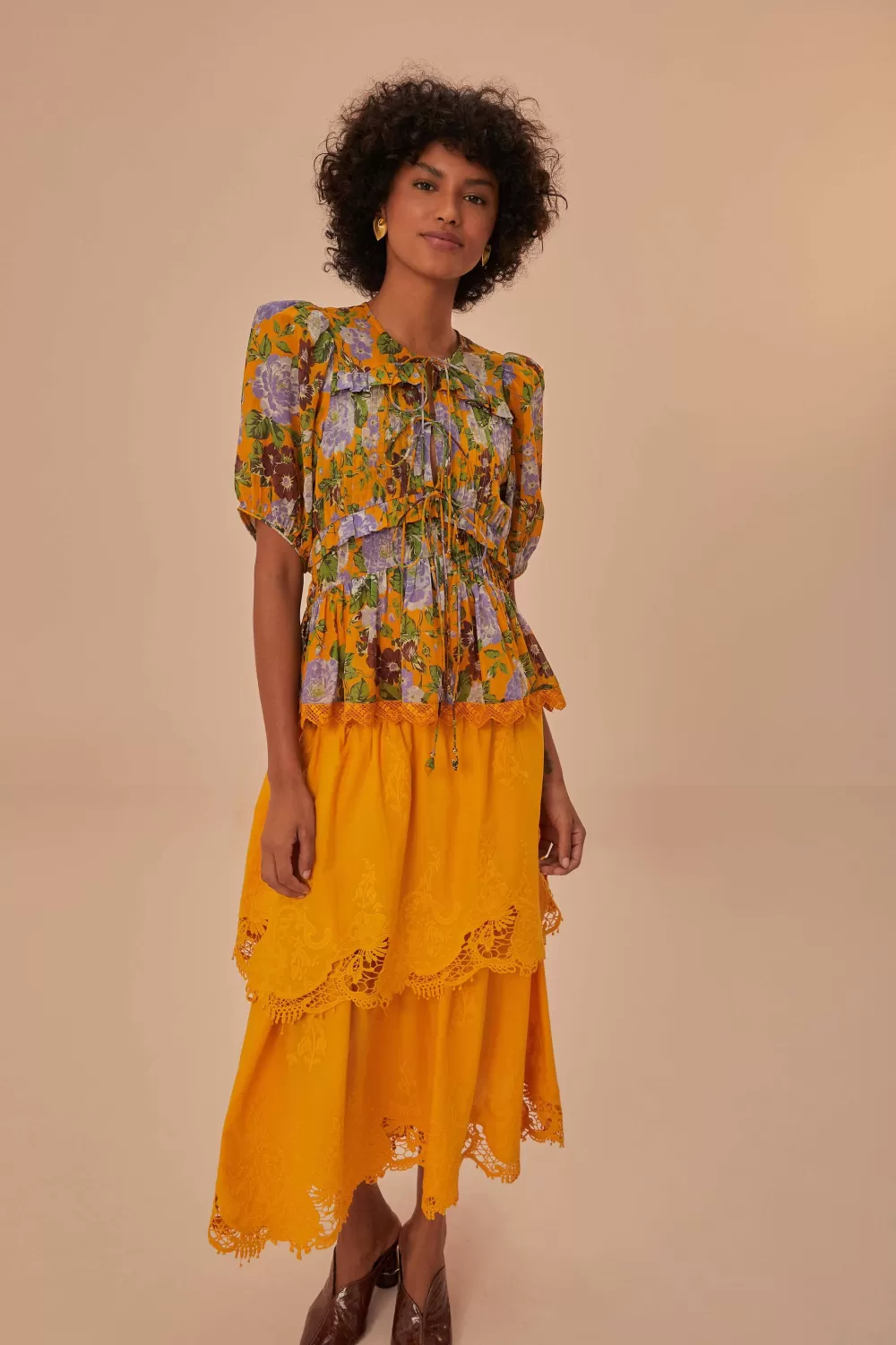 Yellow Mustard Tiered Lace Midi Skirt | FARM Rio Clearance