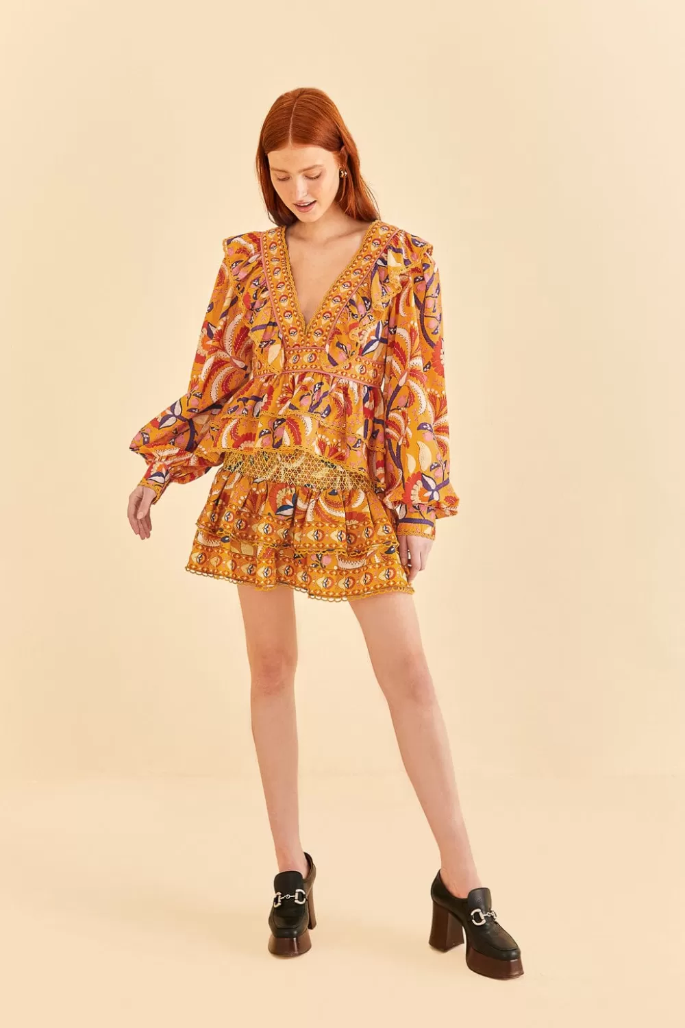 Yellow Palms Party Ruffle Blouse | FARM Rio Flash Sale