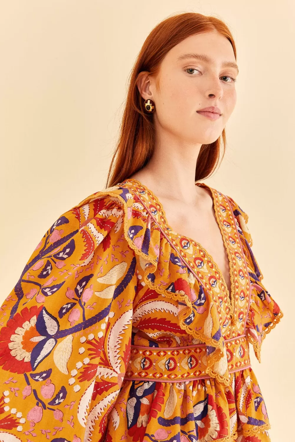 Yellow Palms Party Ruffle Blouse | FARM Rio Flash Sale